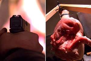 他用手槍將子彈射進豬肉「模擬人肉被槍擊中的真實後果」，超恐怖的畫面證明電影演的都太假了！