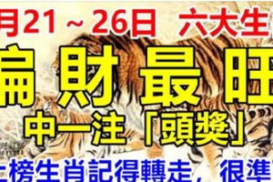 6月21～26日，六大生肖，偏財最旺，中一注「頭獎」