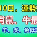 4月10日，運勢指數，生肖鼠、牛最好；蛇馬、羊、虎、兔低調行事