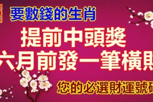 要數錢的生肖，提前中頭獎。六月前發一筆橫財。您的必選財運號碼！