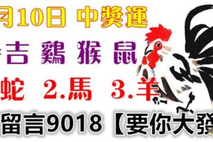 6月10日雞、猴、鼠、蛇、馬、羊！中獎運！請留言9018【要你大發】