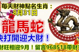 每日財神點名生肖：8月31日。龍馬蛇。快打開迎大財！旺財旺相迎9月！留言968518帶財來！