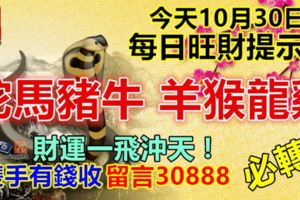 今天10月30日,每日旺財提示：蛇馬豬牛，羊猴龍雞。財運一飛沖天！雙手有錢收留言30888必轉！