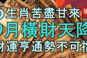 5生肖苦盡甘來，9月橫財天降，財運亨通，勢不可擋，賺得大把的錢！