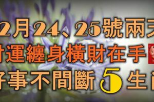 12月24、25號兩天，財運纏身，橫財在手，好事不間斷的5大生肖！