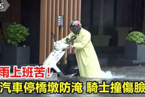 大雨上班苦！汽車停橋墩防淹騎士撞傷臉