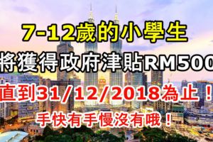 7-12歲的小學生，將獲得政府津貼RM500，直到31/12/2018為止！手快有，手慢沒有！