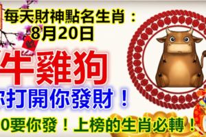 每天財神點名生肖：8月20日。牛雞狗。你打開你發財！820要你發！上榜的生肖必轉！