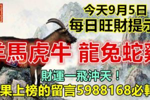 今天9月5日：每日旺財提示：羊馬虎牛，龍兔蛇雞。財運一飛沖天！如果上榜的留言5988168必轉！