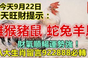 今天9月22日，每天旺財提示：雞猴豬鼠，蛇兔羊馬。財氣順暢運勢強！八大生肖留言922888必轉！