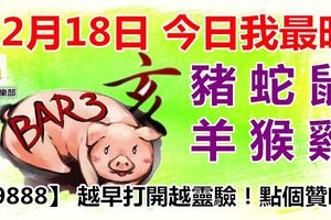 12月18日，今日我最旺！豬蛇鼠羊猴雞！【99888】越早打開越靈驗！點個贊吧！