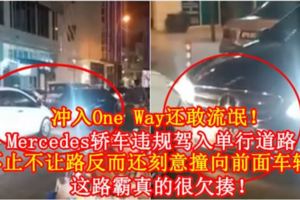 沖入OneWay還敢流氓！Mercedes轎車違規駕入單行道路，不止不讓路反而還刻意撞向前面車輛！這路霸真的很欠揍！