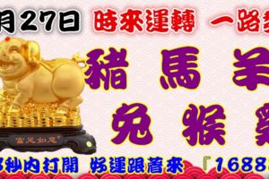 9月27日時來運轉一路發，豬馬羊兔猴雞，88秒內打開好運跟著來『16888』