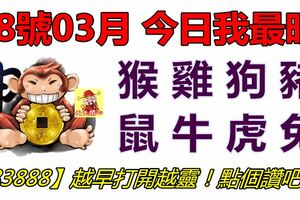 18號03月，今日我最旺！猴雞狗豬鼠牛虎兔！【83888】越早打開越靈驗！點個讚吧！