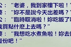 老公臨時取消出差回家問老婆吃了沒，老婆說沒有要吃水煮魚，老公說最後一次再買下次就離婚！