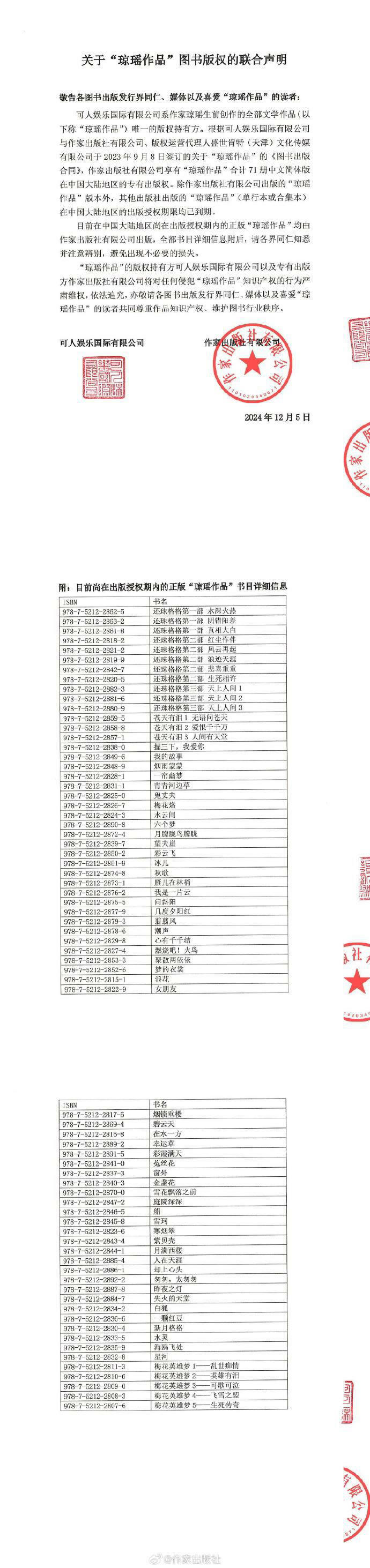 瓊瑤小說版權最新狀況（圖／翻攝自作家出版社微博）