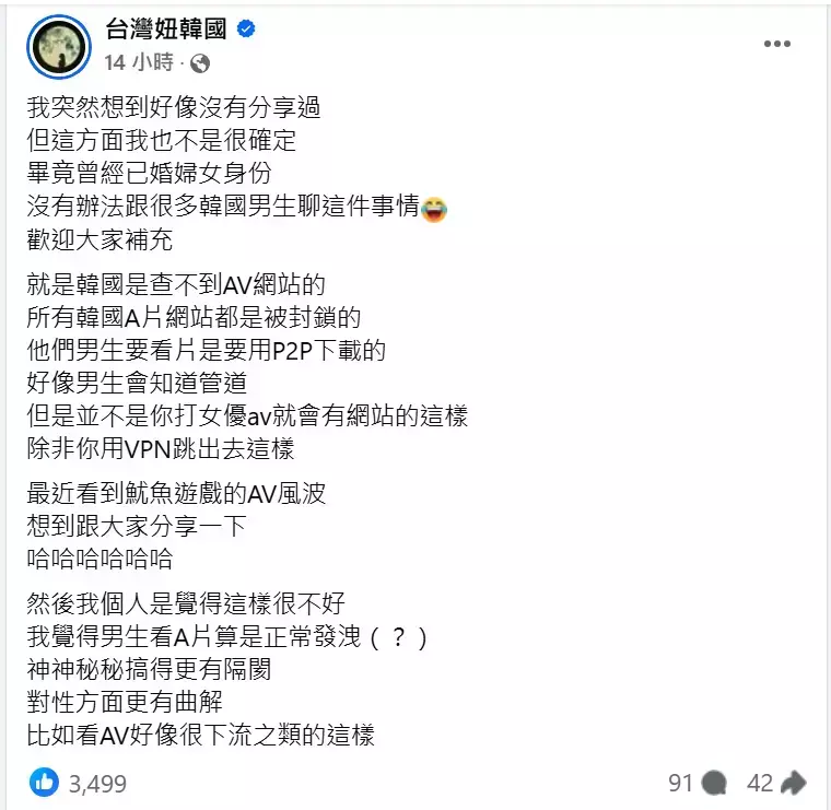 ▲台灣妞說據她所知，韓國是查不到A片網站的。（圖／台灣妞臉書）