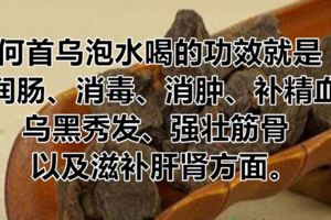 何首烏泡水喝的功效就是潤腸、消毒、消腫、補精血、烏黑秀發、強壯筋骨以及滋補肝腎方面。