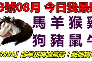 23號08月，今日我最旺！馬羊猴雞狗豬鼠牛！【33888】越早打開越靈驗！點個讚吧！