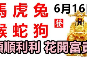 6月16日，生肖馬、虎、兔、猴、蛇、狗！順順利利，花開富貴！