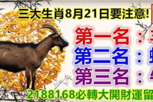 三大生肖8月21日要注意!第一名：羊。第二名：蛇。第三名：牛。2188168必轉大開財運留言!