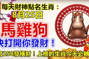 每天財神點名生肖：8月25日。馬雞狗。快打開你發財！留言258發橫財！上榜的生肖今天必轉！