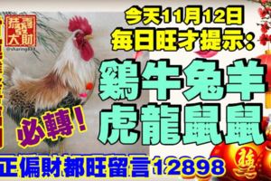 今天11月12日,每日旺財提示：雞牛兔羊，虎豬龍鼠。財運雙喜臨門！正偏財都旺留言12898必轉！