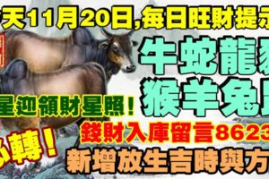 今天11月20日,每日旺財提示：牛蛇龍豬，猴羊兔鼠。貴星迎領財星照！錢財入庫留言86238必轉！