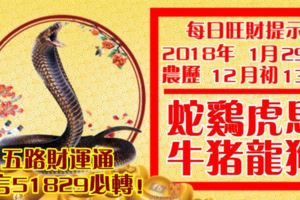 今天1月29日,每日旺財提示：蛇雞虎馬，牛豬龍狗。五路財運通！留言51829必轉！