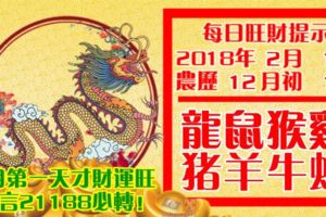 今天2月1日,每日旺財提示：龍鼠猴雞，豬羊牛蛇。二月第一天才財運旺！留言21188必轉！