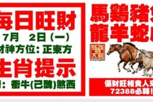 今天7月2日,每日旺財生肖提示：馬雞豬兔，龍羊蛇虎。偏財旺相貴人來！72388必轉！