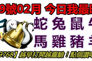 19號02月，今日我最旺！蛇兔鼠牛馬雞豬羊！【99768】越早打開越靈驗！點個讚吧！