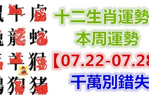 十二生肖運勢：本周運勢【07.22-07.28】千萬別錯失！