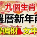 農曆新年前，九大生肖，男得偏財，女中頭獎