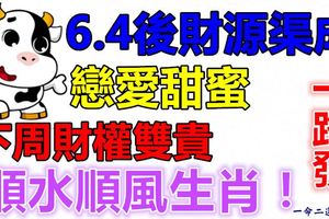 6.4後財源渠成戀愛甜蜜.下周財權雙貴順水順風生肖！