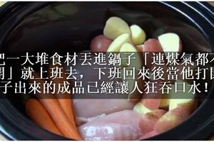 他把一大堆食材丟進鍋子「連煤氣都不用打開」就上班去，下班回來後當他打開鍋子出來的成品已經讓人狂吞口水！