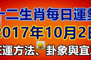 十二生肖每日運勢2017年10月2日；旺運方法、卦象與宜忌