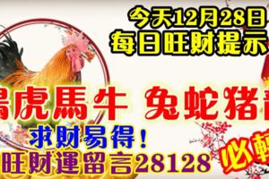 今天12月28日,每日旺財提示：雞虎馬牛，兔蛇豬龍。求財易得！大旺財運留言28128必轉！