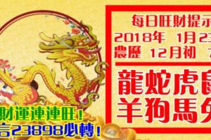 今天1月23日,每日旺財提示：龍蛇虎鼠，羊狗馬兔。財運連連旺！留言23898必轉！