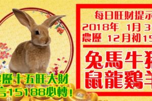 今天1月31日,每日旺財提示：兔馬牛豬，鼠龍雞羊。農曆十五旺大財！留言15188必轉！