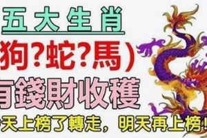 五大生肖，今天不缺錢，有錢財收穫。今天上榜了轉走，明天再上榜