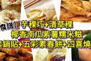 【素食譜】素食糕點：芋稞巧+清草稞+椰香南瓜紫薯糯米餈+素鍋貼+五彩素春餅+四喜燒賣