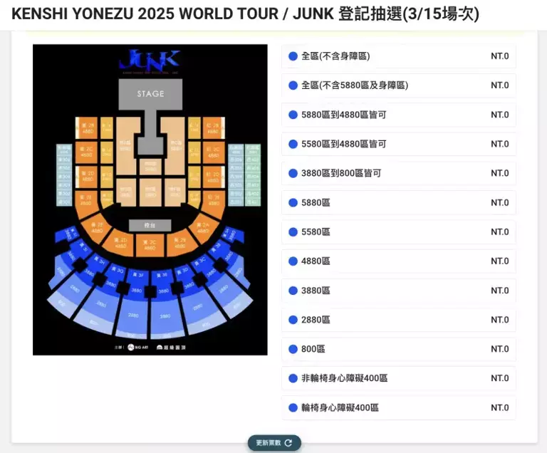 ▲米津玄師2025台北小巨蛋演唱會的登記價位有13個，粉絲覺得會比YOASOBI好抽。（圖／翻攝Ticket Plus遠大售票系統）