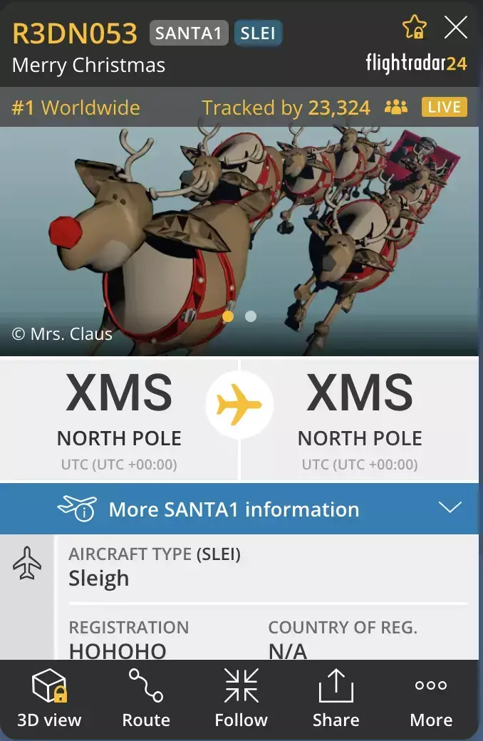 ▲聖誕老人飛行器為雪橇，航班號碼為SANTA1。（圖／翻攝自Flightradar24）