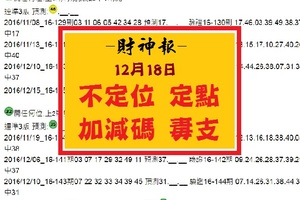 【財神報】12月18日六合彩 不定位 定點 加減碼 毒支