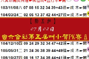 【刺五加】2017「六合彩」07月02日♚六合彩第五屆叫小賀PK賽第九帖二碼參考♙