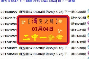 【酒空大師】2017「六合彩」07月04日 二中一參考!!