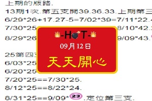 HOT天天開心~09/12六合彩版本期特別號三版、2個號碼。 水喔~