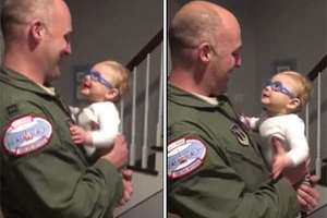 首回戴上眼鏡的男嬰與闊別2個月不見的空軍爸重逢，不料他萌死人不償命的反應讓人眼眶紅了！ 
