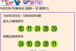 106年3月4日 今彩539開獎號碼  